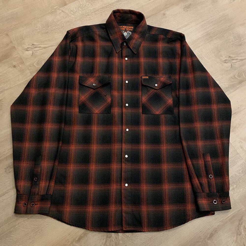 Dixxon Flannel The Evo Plaid Long Sleeve Orange/Black Shirt Men’s L Pearl Snap